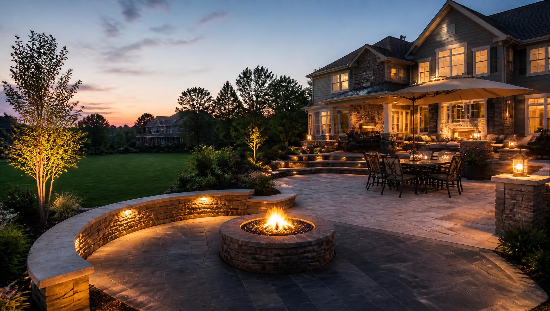 Paver patio with fire pit and seating wall built by ForgeStone Hardscapes in Dayton, Ohio
